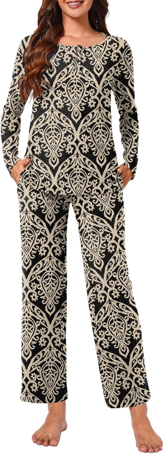 Bestbee Womens 2 Piece Pajama Set, Lounge Outfits Button-Down Sleepwear Set Long Sleeve With Pockets Ladies Pjs Set
