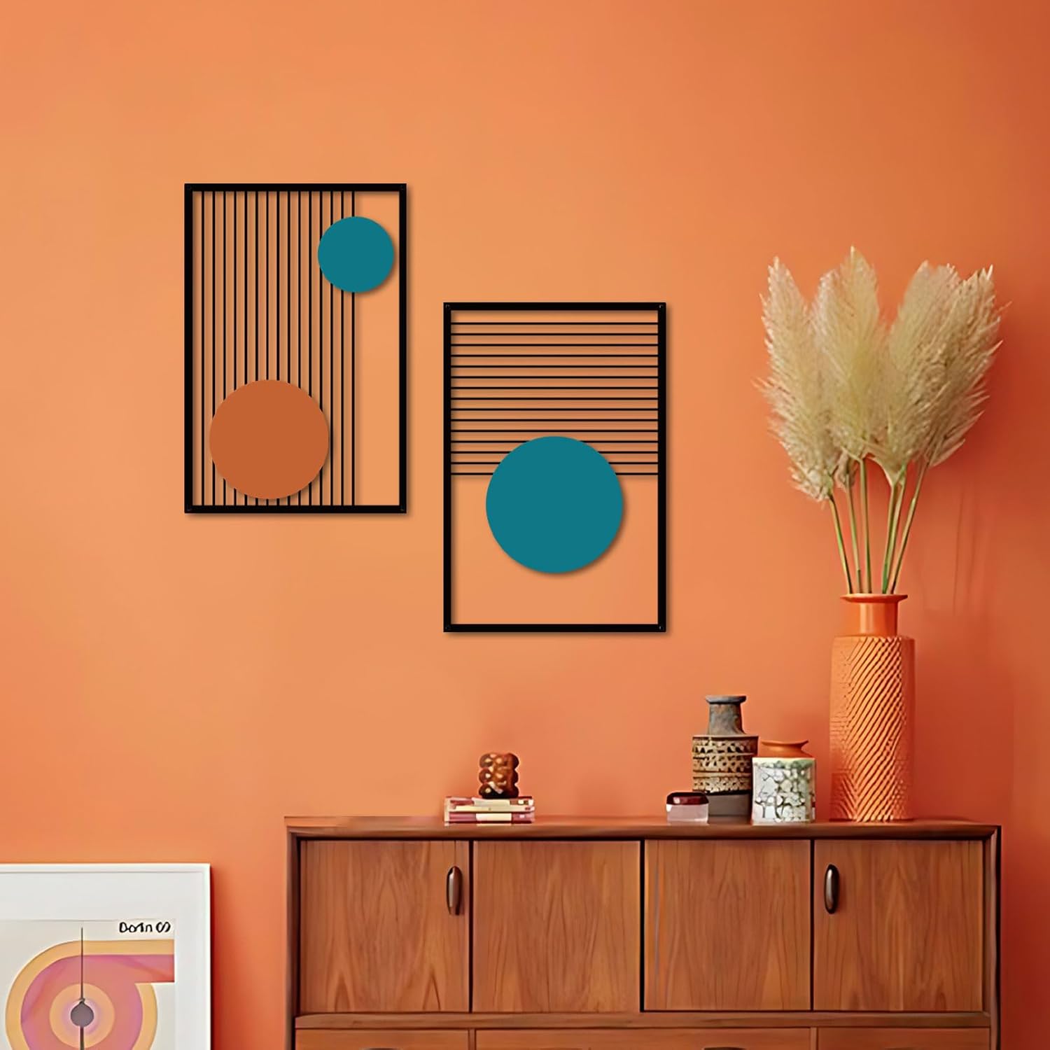 DUOOLN 2 Pcs Abstract Metal Wall Decor, Minimalist Hanging Wall Single Line Art, Modern 3D Geometrical Iron Sculptures Painting for Living Room Bedroom Bathroom Study Room Home Ornamental-Blue