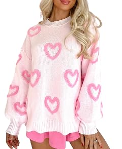 Faretumiya Women Oversized Heart Print Sweater Valentine s Day Love Heart Sweatshirts Cute Graphic Long Sleeve Pullover Tops