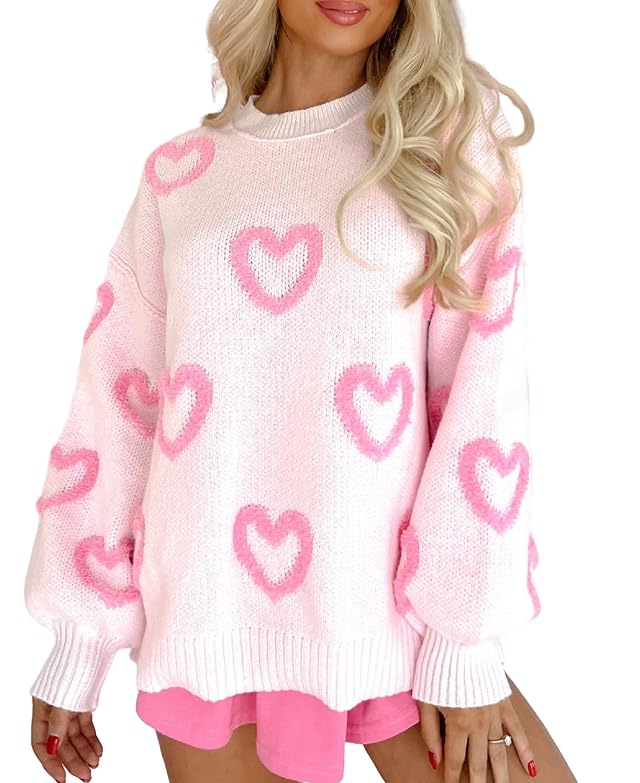 Faretumiya Women Oversized Heart Print Sweater Valentine s Day Love Heart Sweatshirts Cute Graphic Long Sleeve Pullover Tops
