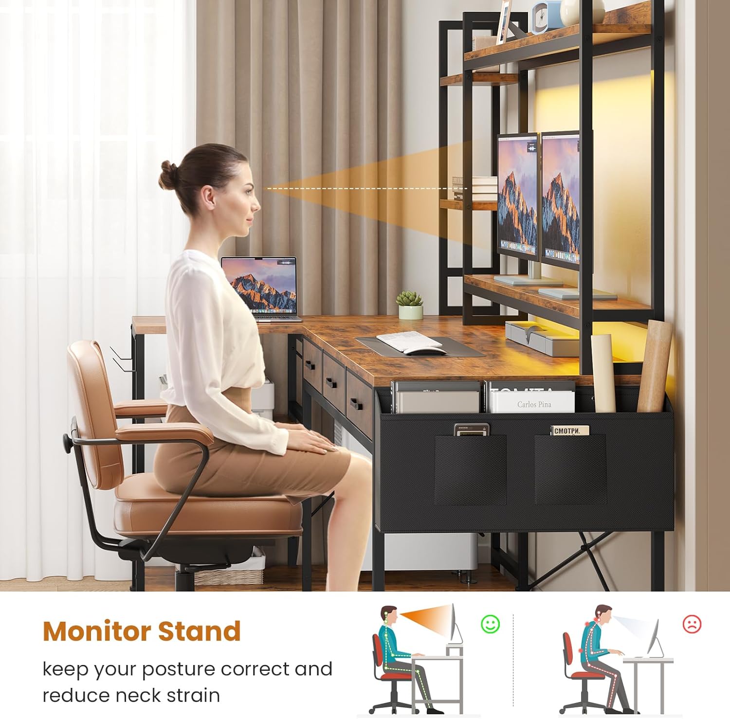 SEDETA 55" L Shaped Desk with Hutch, Corner Computer Desk with Drawers & Shelves, Reversible L Shaped Gaming Desk with Power Strip & LED Lights, Monitor Stand, Headphone Hook, Rustic Brown