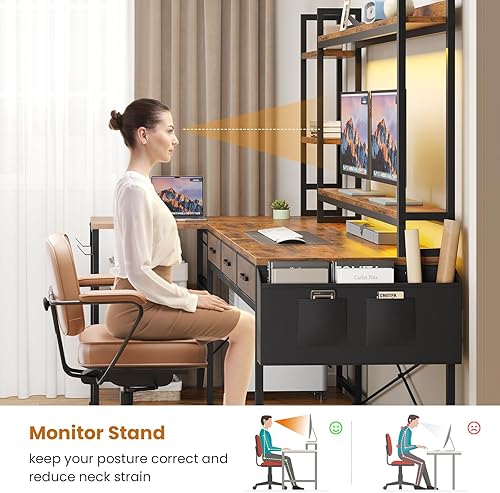 Miniatura 7 de SEDETA Escritorio en forma de L de 55" con Estante Superior, Escritorio esquinero para computadora con cajones y estantes, Escritorio gaming