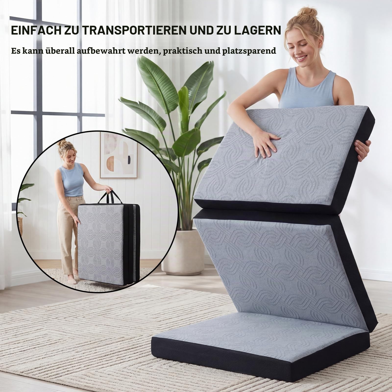 Klappmatratze, Gästematratze, 3-teilige Faltmatratze, Grau, 140x190x10cm | Faltbare Matratze, Memory-Schaum, Extra Dick, Waschbar, Abnehmbares Gehäuse