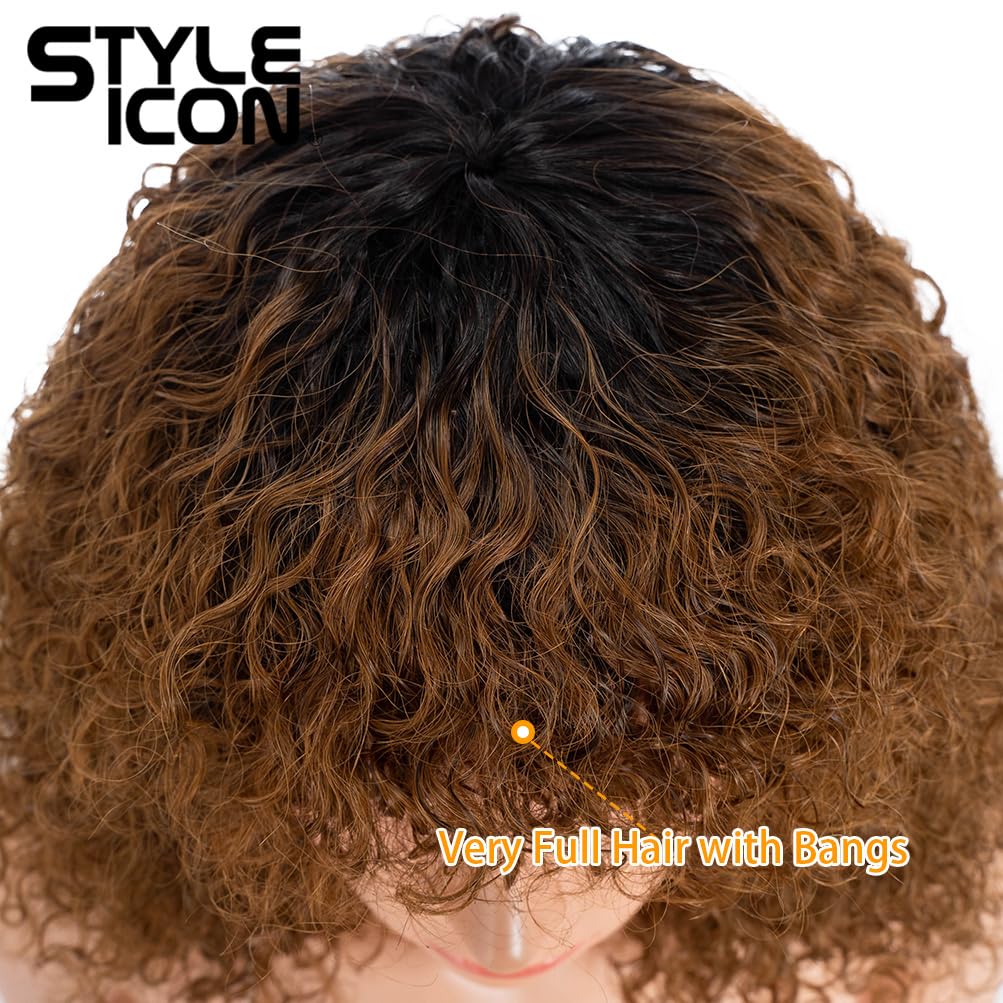 Style Icon Human Hair Afro Wigs Short Curly Wigs for Black Women Wig With Bangs (12 Inches, TT1B/30)
