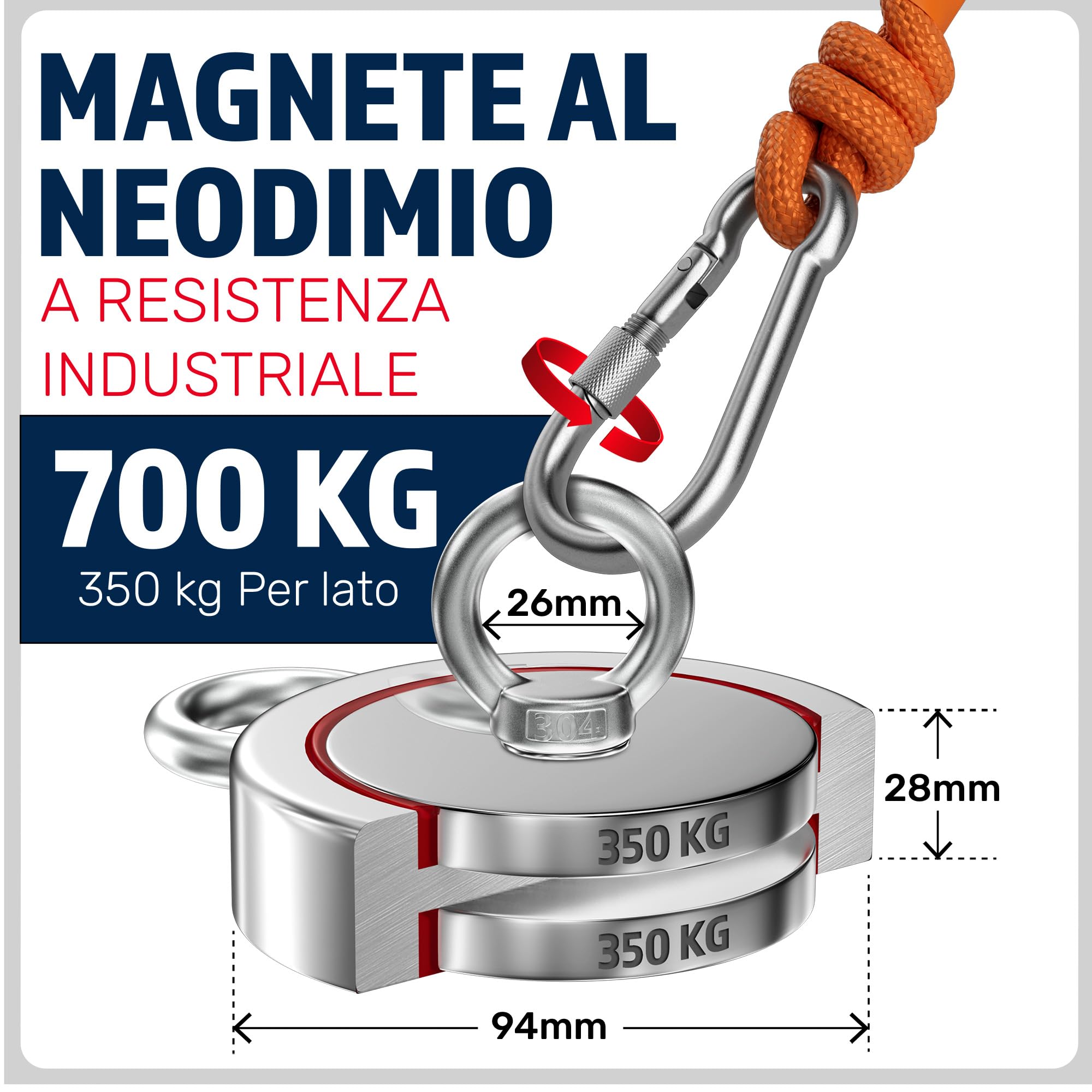 MAGFISHION Calamita Potente - Set di Magnete da Pesca - Forza di Trazione 700KG (2x 350KG) - Ø94mm - Magneti al Neodimio - Calamite Potenti con 2 Corde, Grappino & Guanti - Magnet Fishing