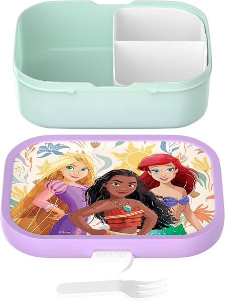 Mepal - Brotdose Kinder Campus - Bento Box Kinder - Brotdose mit Fächern & Gabel - Meal Prep Box mit Clip-Verschluss - BPA-frei & Spülmaschinenfest - 750 ml - Princess power - 2