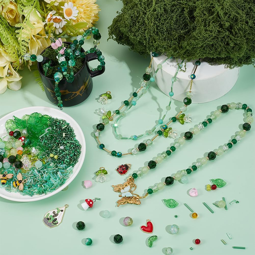 PH PandaHall 2613pcs Plant Beaded Kit Green Glass Beads Flower Leaf Bead Ladybug Bee Charm Colorful Seed Beads Mushroom Heart Charms with Artificial Moss and Wire for DIY Crafts Plant Lover Gifts