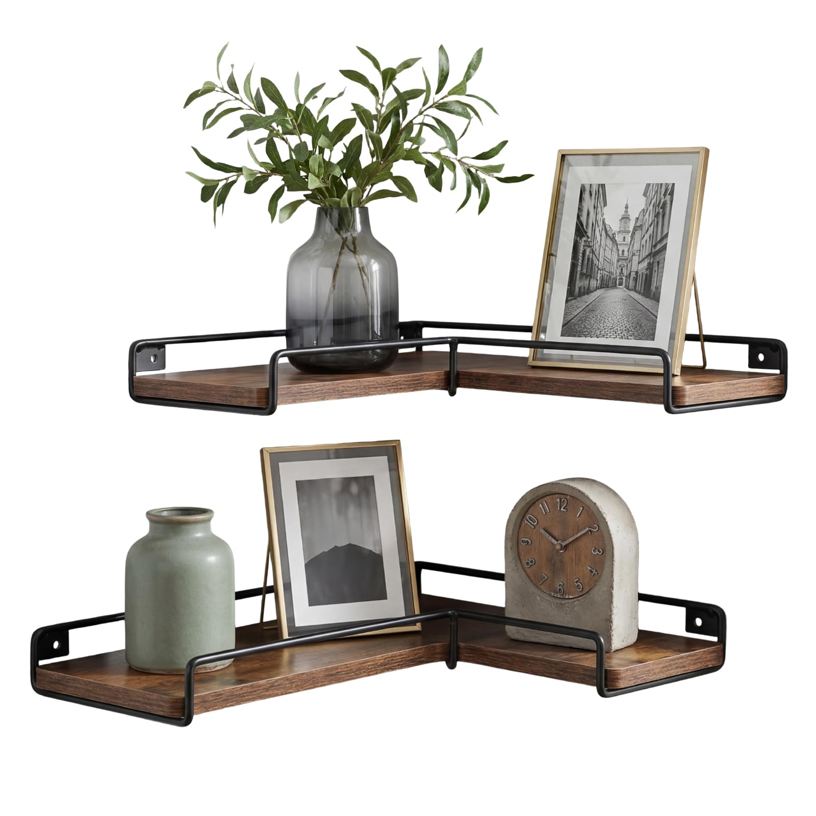 Levede Floating Corner Shelves Wall Mounted, Wooden Floating Shelves Set of 2, L-Shaped Corner Shelf for Living Room Bedroom Kitchen Bathroom, Industrial Style, 40 x 29 x 4 cm, Brown
