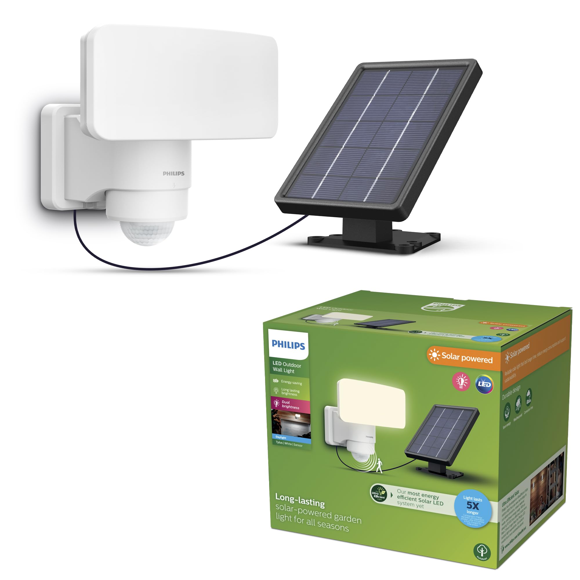 PHILIPS Tylus UltraEfficient Outdoor Solar Security Light with Sensor, 5000K, 1000/50lm, White​