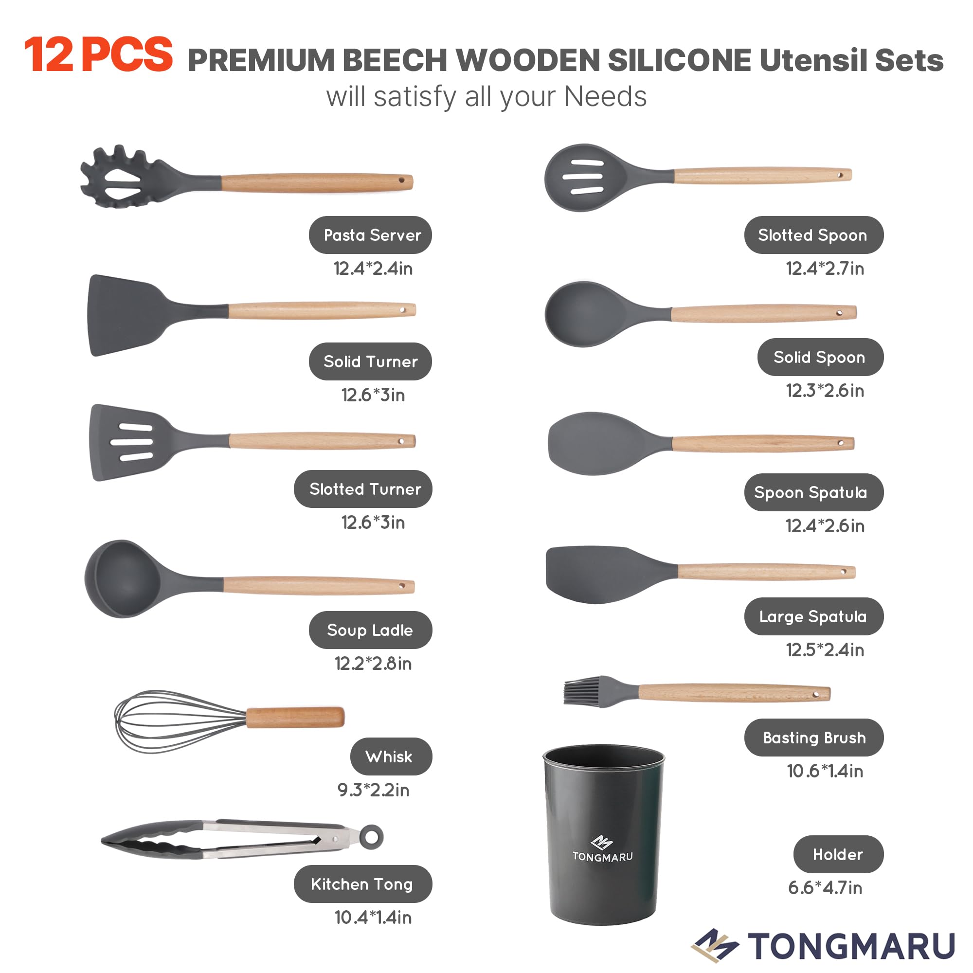 Juego de utensilios de cocina, resistentes a 230.0 °C, 12 piezas de silicona antiadherente, juego de espátulas con soporte, mango de madera de haya de alta calidad, juego de utensilios de