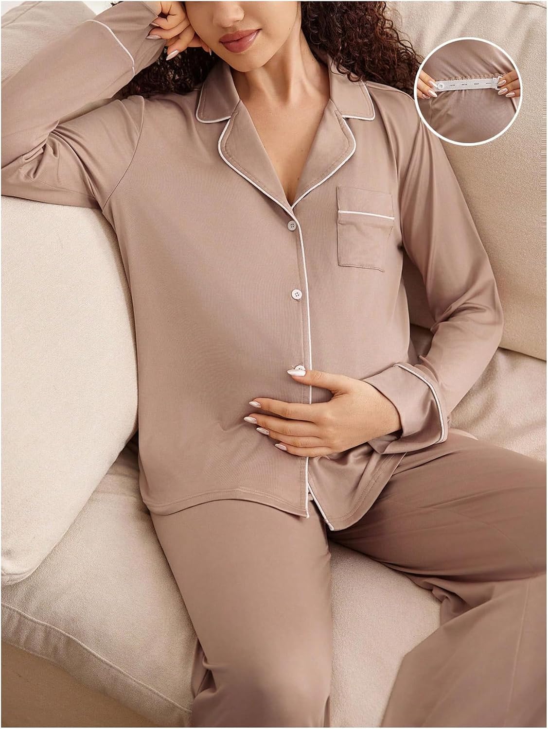 MakeMeChic Women's Maternity Pajama Set Button Down Shirt Pants Sleepwear