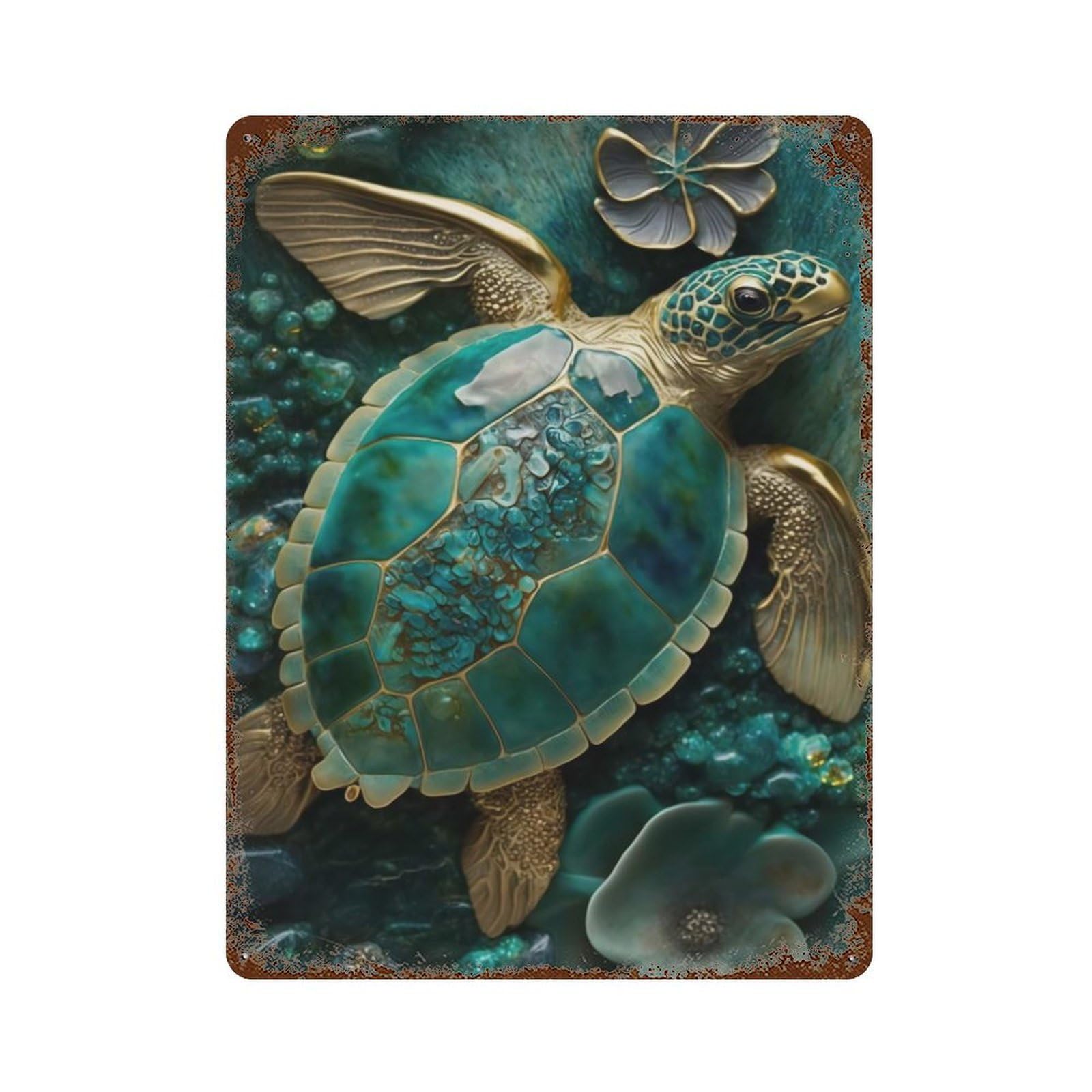 Abstract Turtle Kintsugi Weathered Tin Sign 15.7"x11.8", Shabby Chic Decor for Garage, Pub Or Kitchen