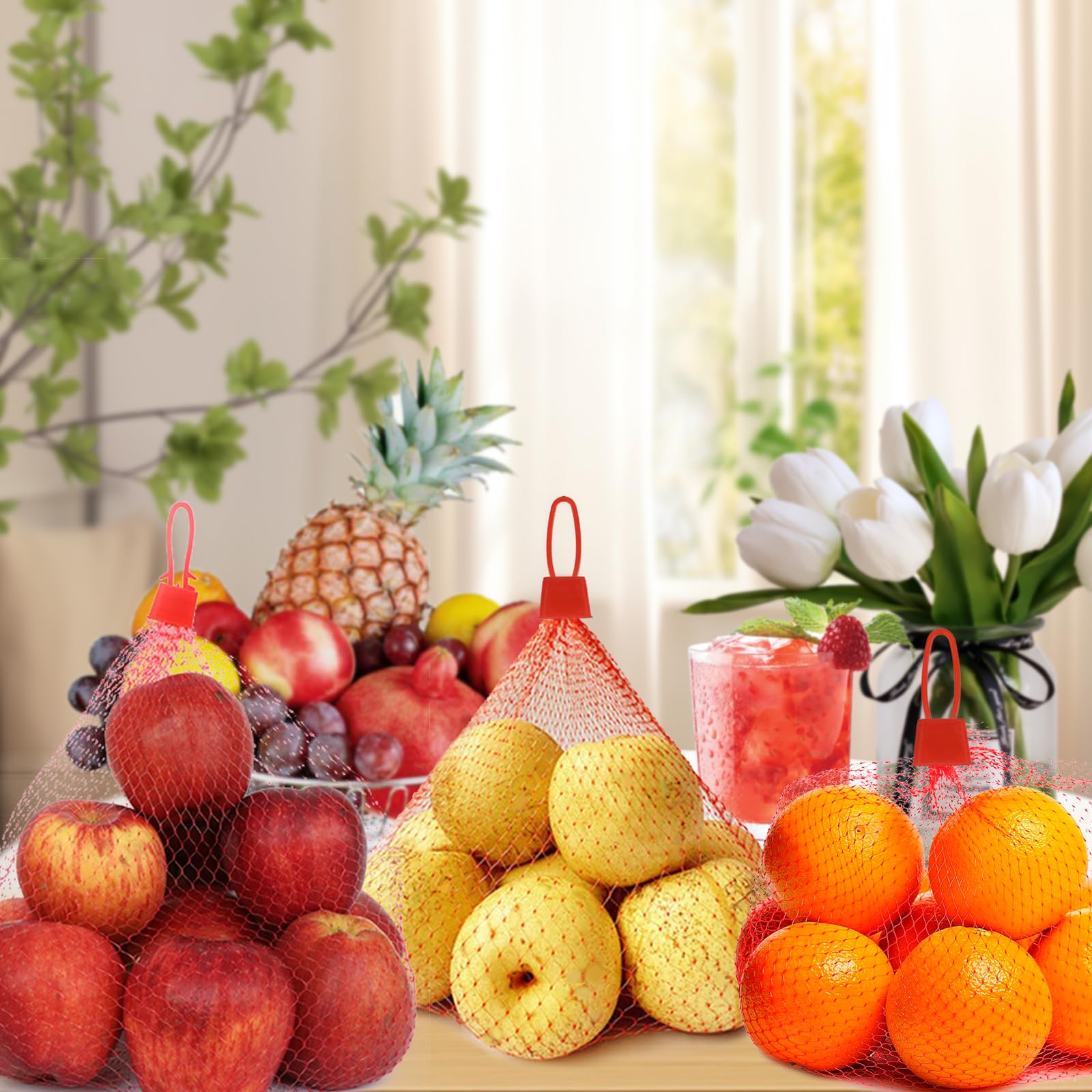 Sac Filet Réutilisable pour Légumes Noix Fruits Œufs avec Boucle Rouge