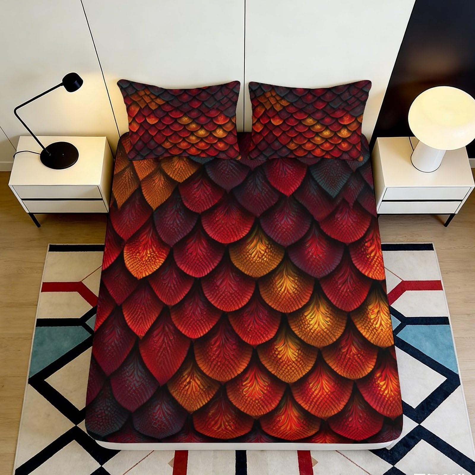 Pnayamiorkfel Style-4 3D Printed Dragon Scale Fitted Sheet Microfiber Red Orange Bed Cover Anti-Slip Machine Washable For Bedroom Guest Room Decor 90X200x25cm