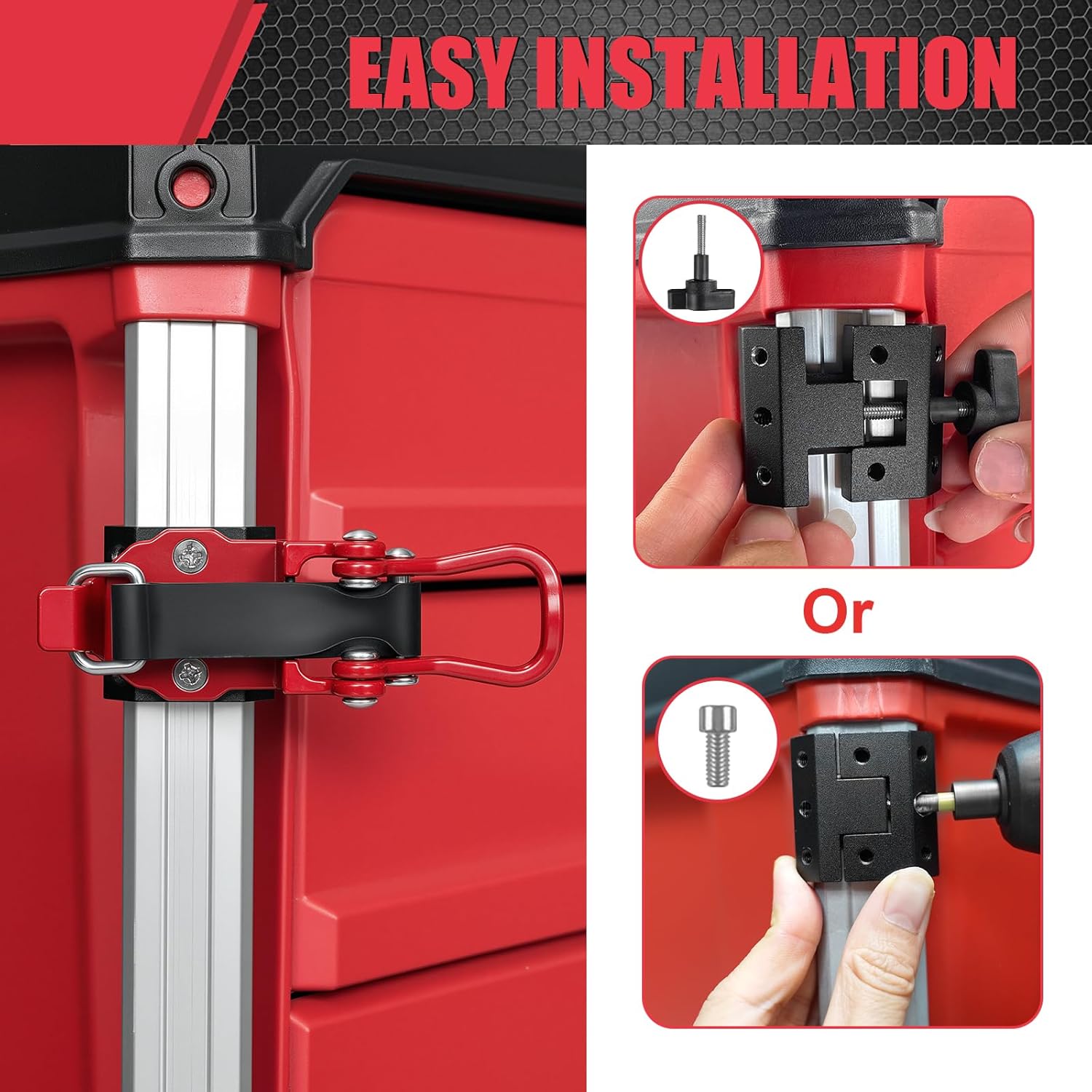 2 Pcs Toolbox Side Rail Bracket, Long Handle Tool Holder Fit for Milwaukee Packout System, Quick-Release Metal Rubber Clamp Mount for Axe, Shovel, Extension Pole & Conduit Bender