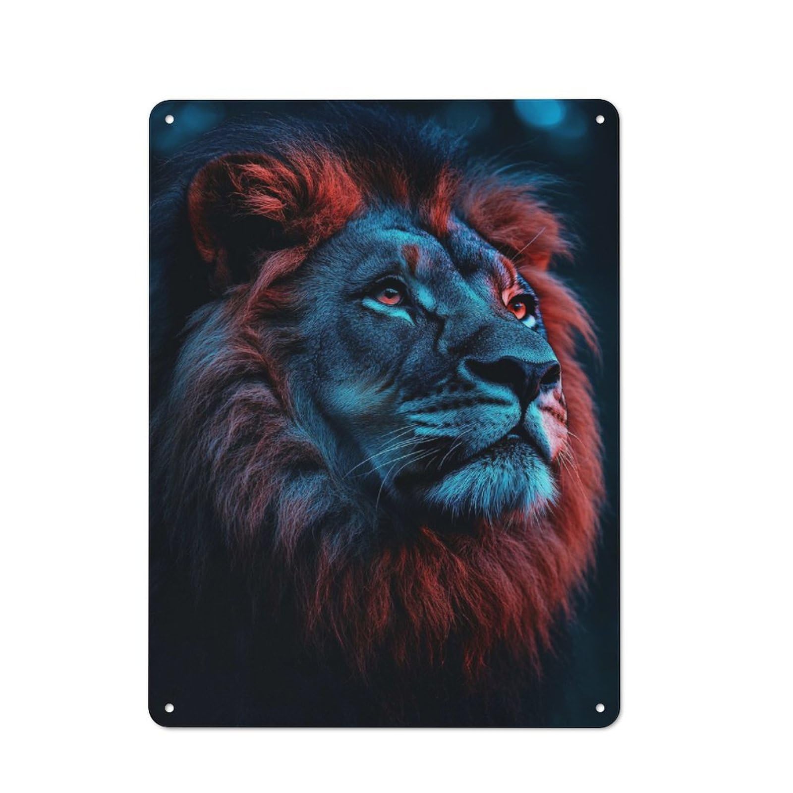 Junmoney Style-17 Tin Wall Plaque 40X30cm With Lion Portrait With Red And Blue Lighting For Workshop Wall, Housewarming Wall Decor For People Furnishing Workshop