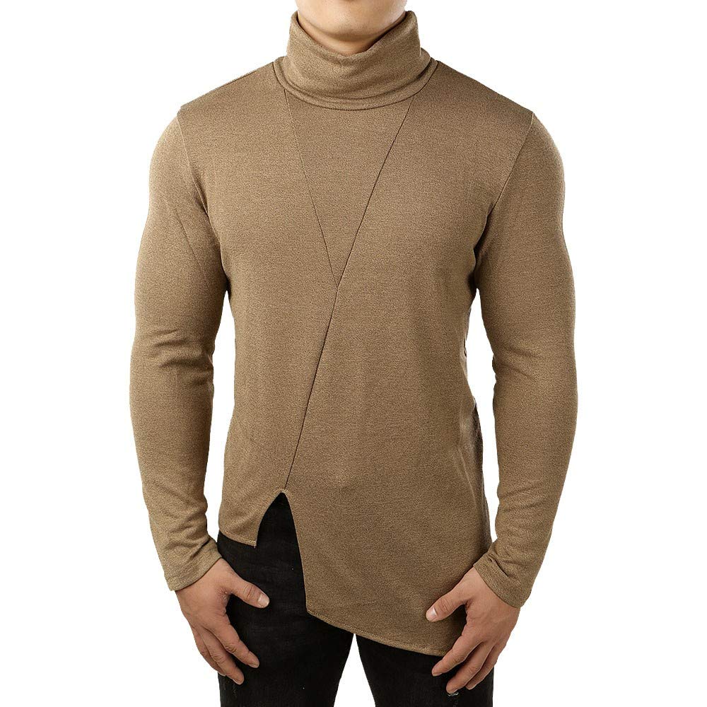 ANJUNIE Men Bottom Shirt Cowl Neck Blouse Long Sleeve Fit Pollover Turtleneck Slit Top