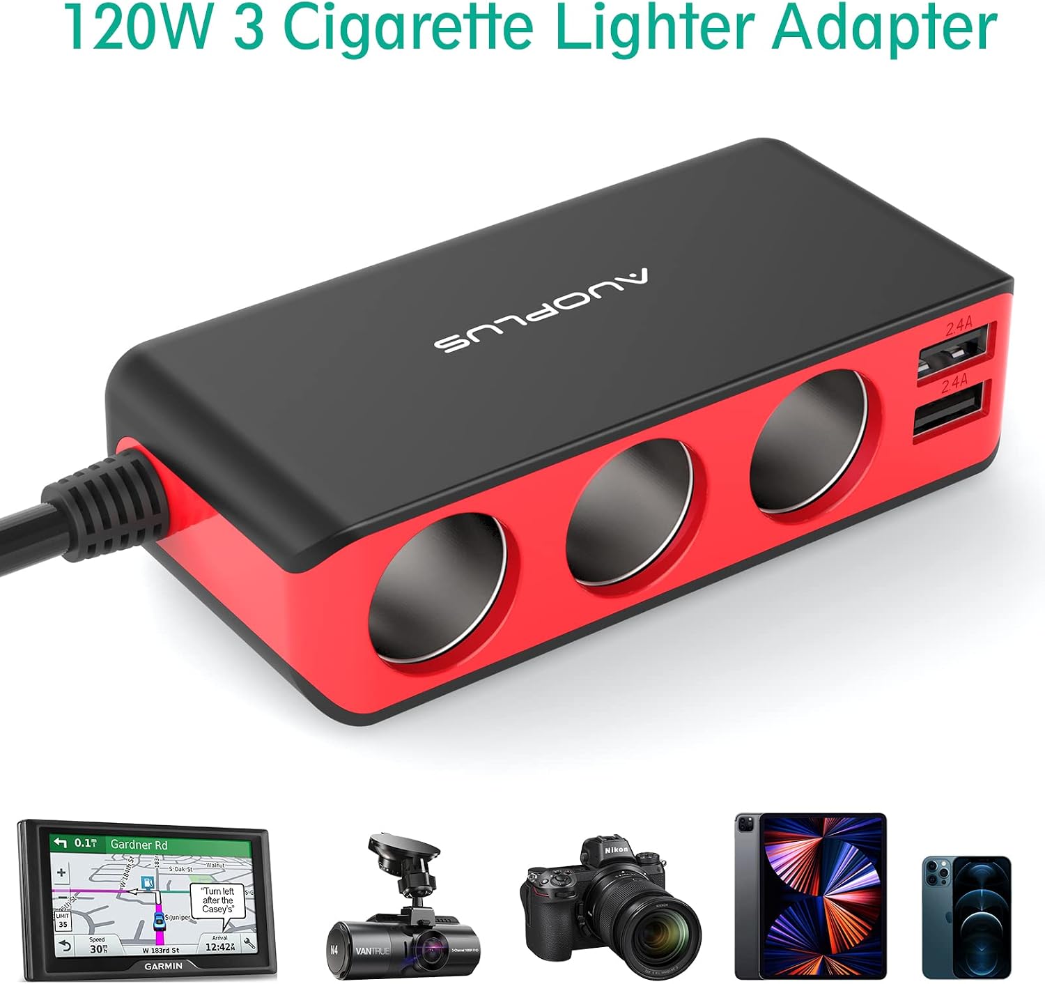 AUOPLUS 120W 3 Socket Cigarette Lighter Splitter Car Charger Adapter, LED Voltage Display Dual 4 USB Chargers(6.8A), Car Charger On/Off Switches 12V for iPhone iPad Samsung GPS Dashcam