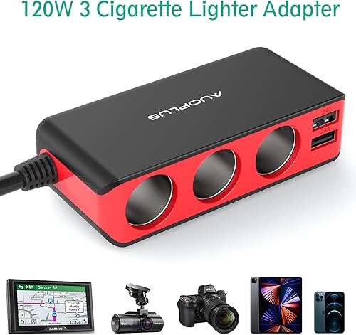 Miniatura 3 de AUOPLUS Adaptador de cargador de coche divisor de encendedor de cigarrillos de 120 W, 3 enchufes, pantalla de voltaje LED, 4 cargadores USB duales