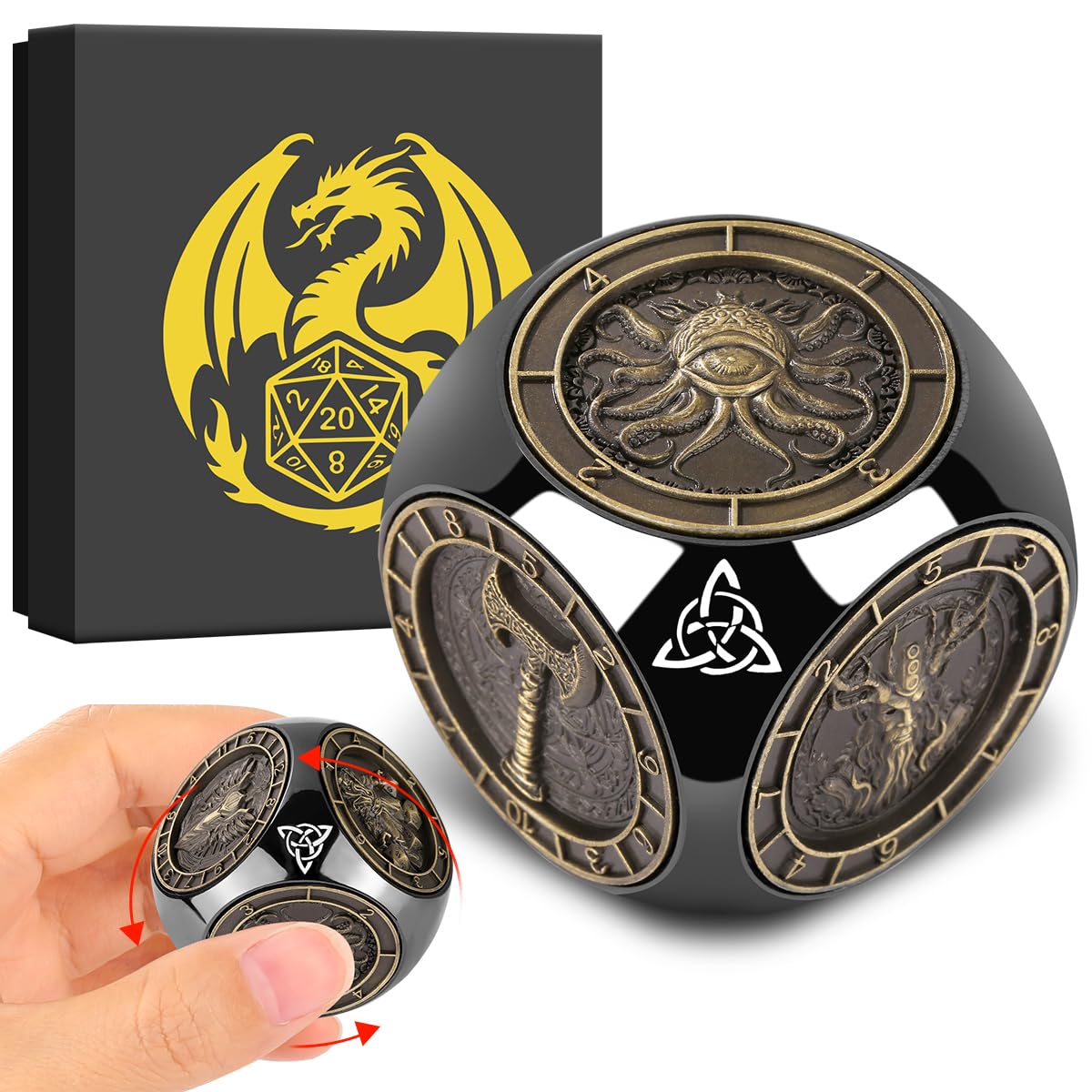 Dés Rotatifs du Bout des Doigts DND, 7-en-1 Métallique D&D Dés avec Relief 3D, Dés Polyédriques Tournants D&D, Cadeaux DND avec Boîte Cadeau, RPG, Jeu de Rôle, Accessoires de Jeu de Société, Noir