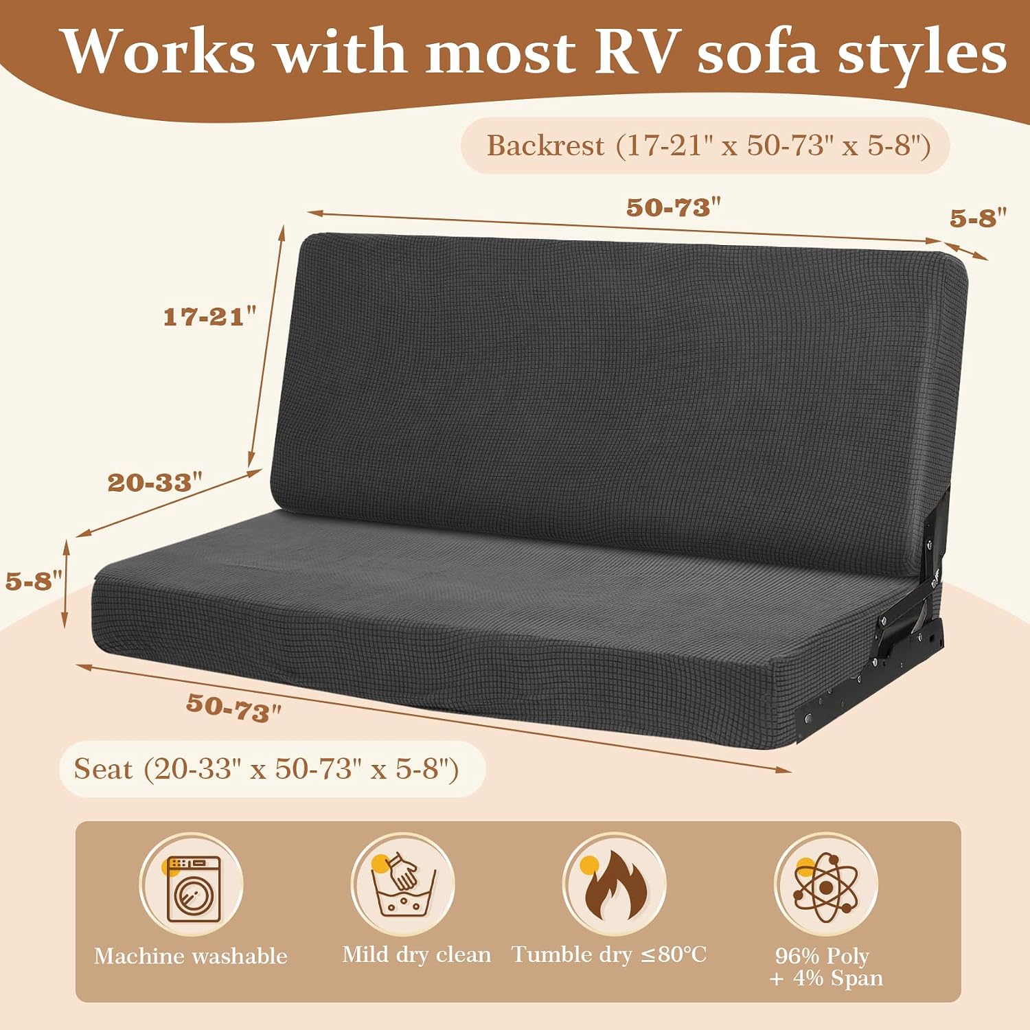 Waterproof RV Couch Covers for Sofa Bed - 2-Piece Stretchable Jackknife Sleeper Sofa Cover, RV Furniture Slipcover, Dark Gray