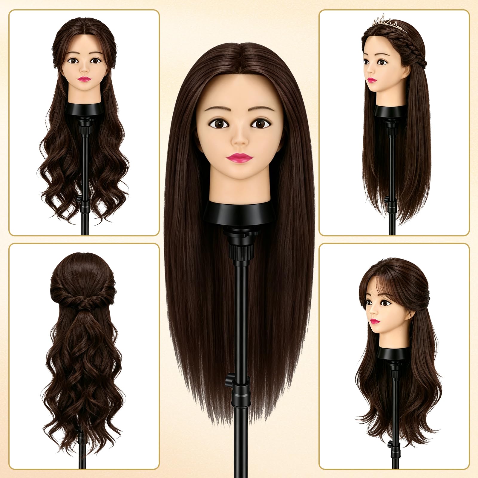 TwoWin 60 cm Trainingsköpfe Friseur, 24 Zoll Frisierkopf mit 80% Echthaar | Übungskopf Friseurkopf Puppenkopf mit Tischhalter + Haar Styling Braid Set (Rotbraun)