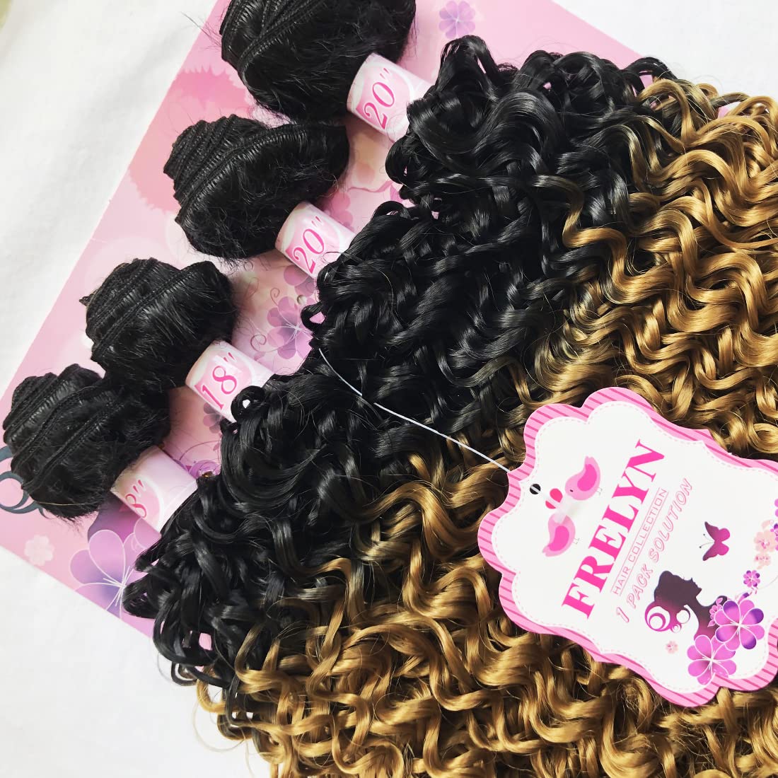 FRELYN Synthetic Hair Bundles Kinky Curly Bundles Black Ombre to Honey Blonde Hair Weave 18 18 20 20 Inches Mixed Length 4 Bundles/Pack Heat Resistant Soft and Natural