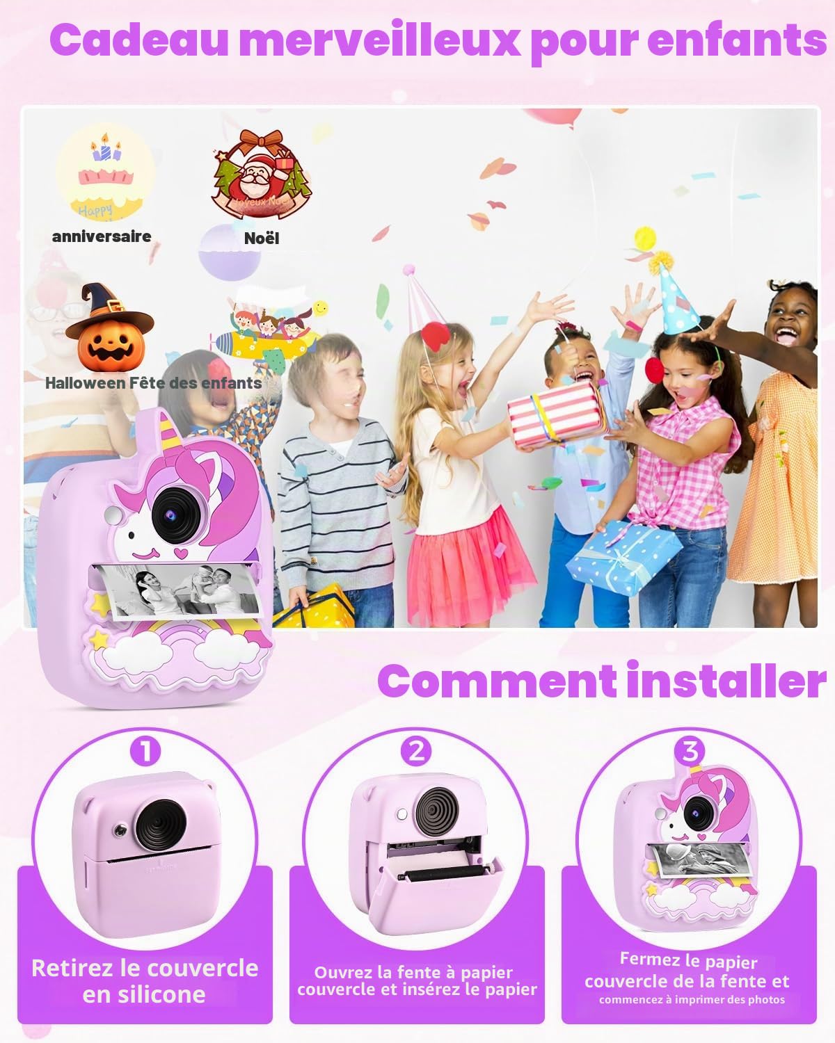 CHRERNA Appareil Photo Instantané Enfants, HD 48MP Appareil Photo Enfants avec Papier d'impression et Carte 32GB, Jouet Cadeau pour Garçons Filles de 3 à 12 Ans (Violet)