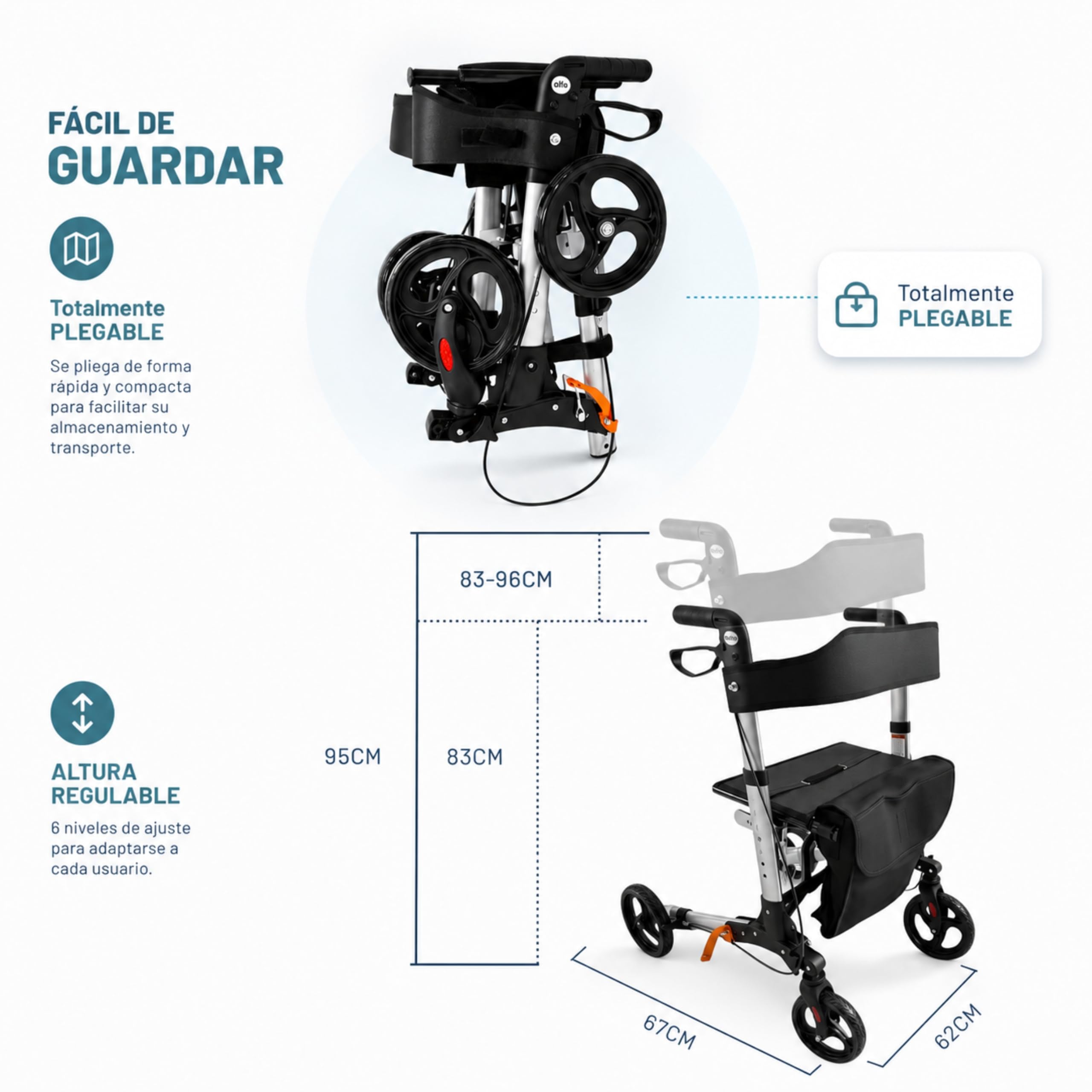 Andador MA08 plegable con asiento y respaldo, 4 Ruedas/Frenos/Saco de Compra y Porta Bastón, Altura Ajustable 83-96cm, Andador, Carro, Rollator para Ancianos MODELO MA08