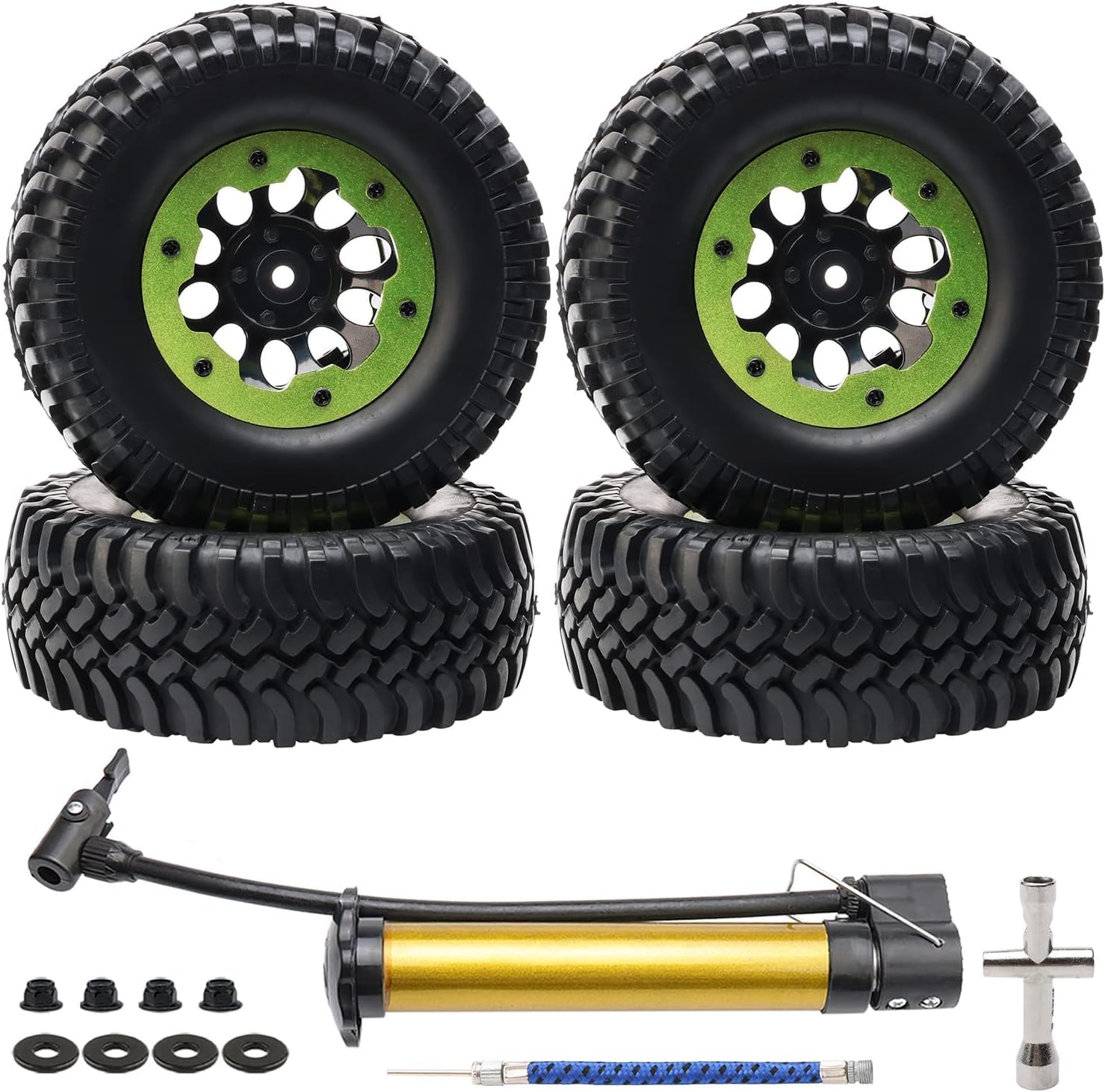 4-Pack 1/10 RC Crawler Tires and Wheels, 1.9 inch Plastic Beadlock Wheel Rim 12mm Hex Hub Off Road Crawling Rubber Tire OD 100mm, Green