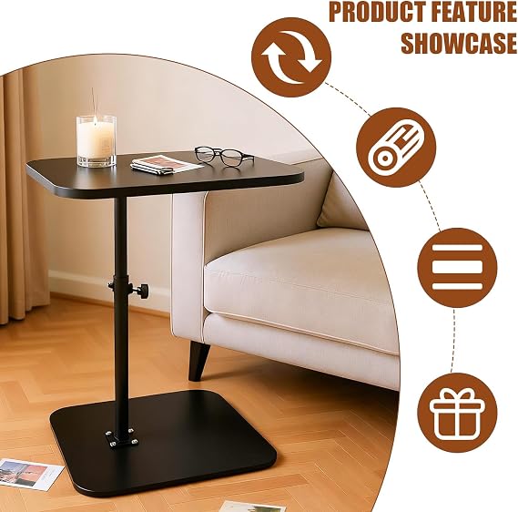Adjustable Height C Shaped Side Table， Black， TV Tray Rotating Coffee Table， for Living Room Sofa Bed， 40x30cm