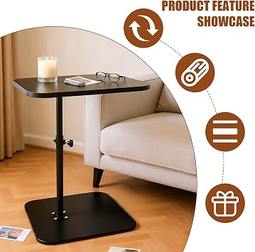 Adjustable Height C Shaped Side Table, Black, TV Tray Rotating Coffee Table, for Living Room Sofa Bed, 40x30cm