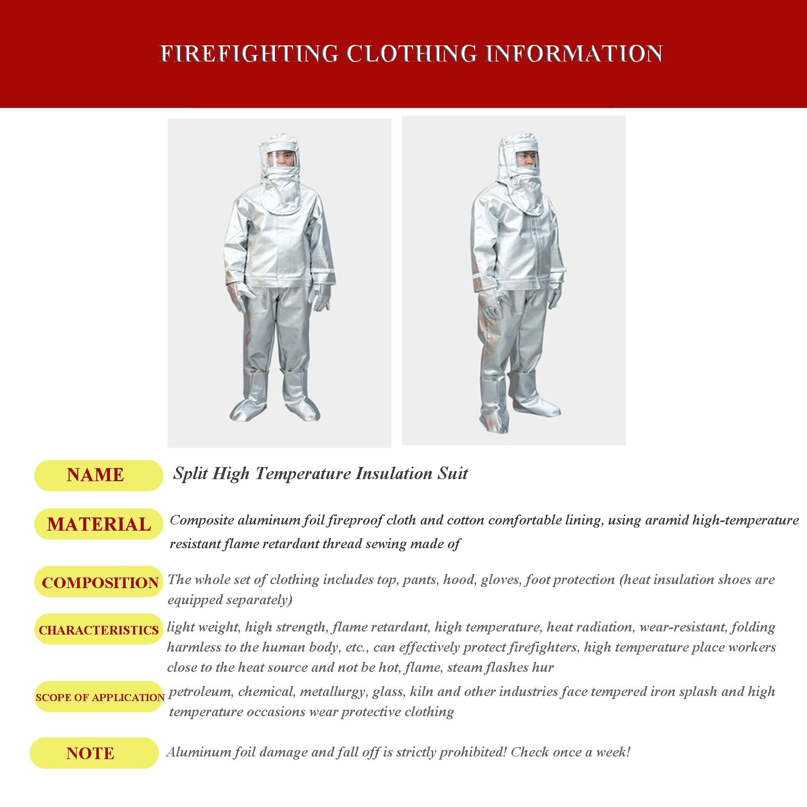 Traje Anti Radiación Térmica 500℃ Traje Ignífugo De Papel De Aluminio Compuesto Conjunto De Protección Térmica Uniforme Ignífugo