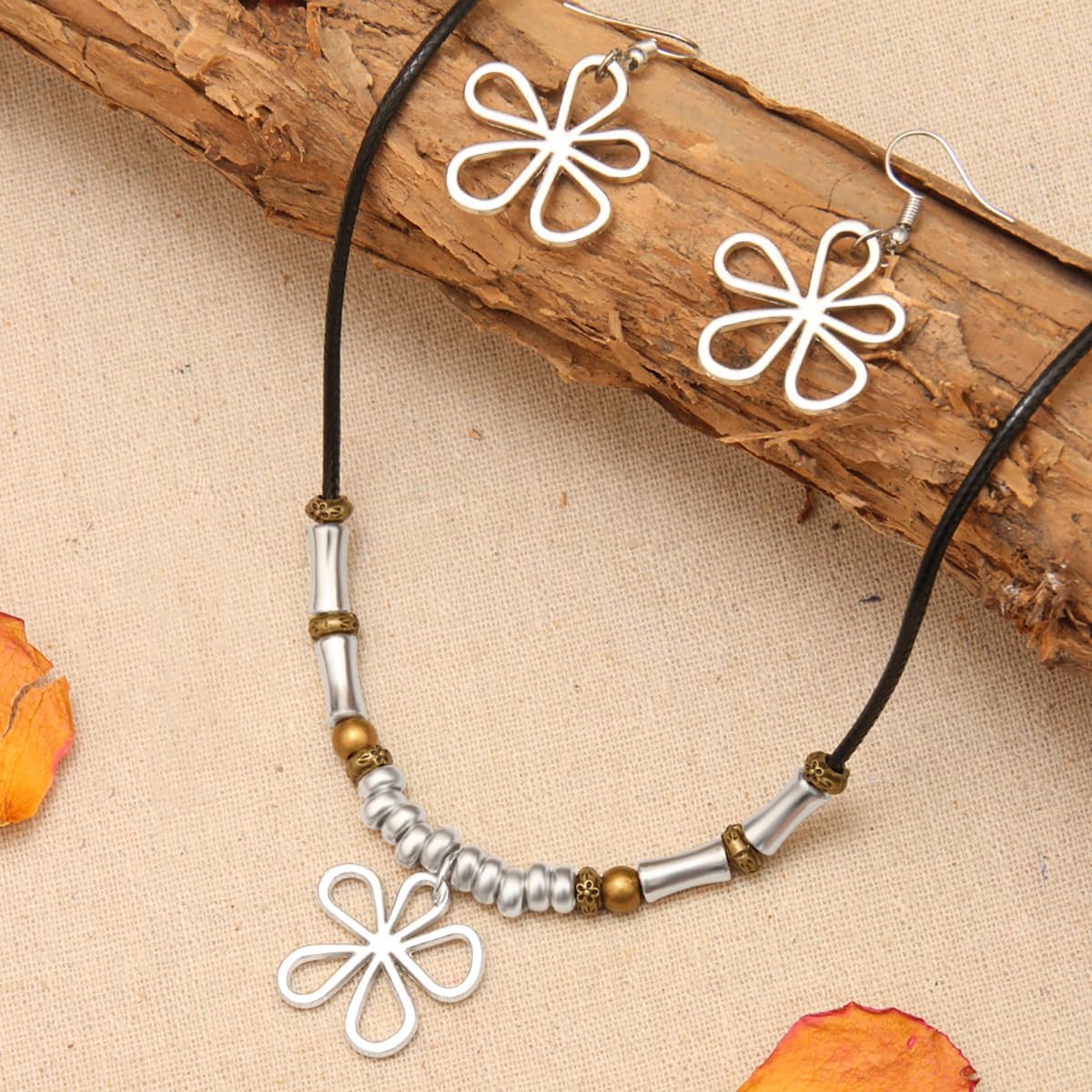 Bohemian Necklaces Earrings Set for Women Cowgirl Western Charm Necklaces Earrings Vintage Boho Hollow Flower Jewelry Lightweight Hypoallergenic Wood Beaded Necklace Earring Concert Birthday Party Prom Wedding Holiday Jewelry image 3