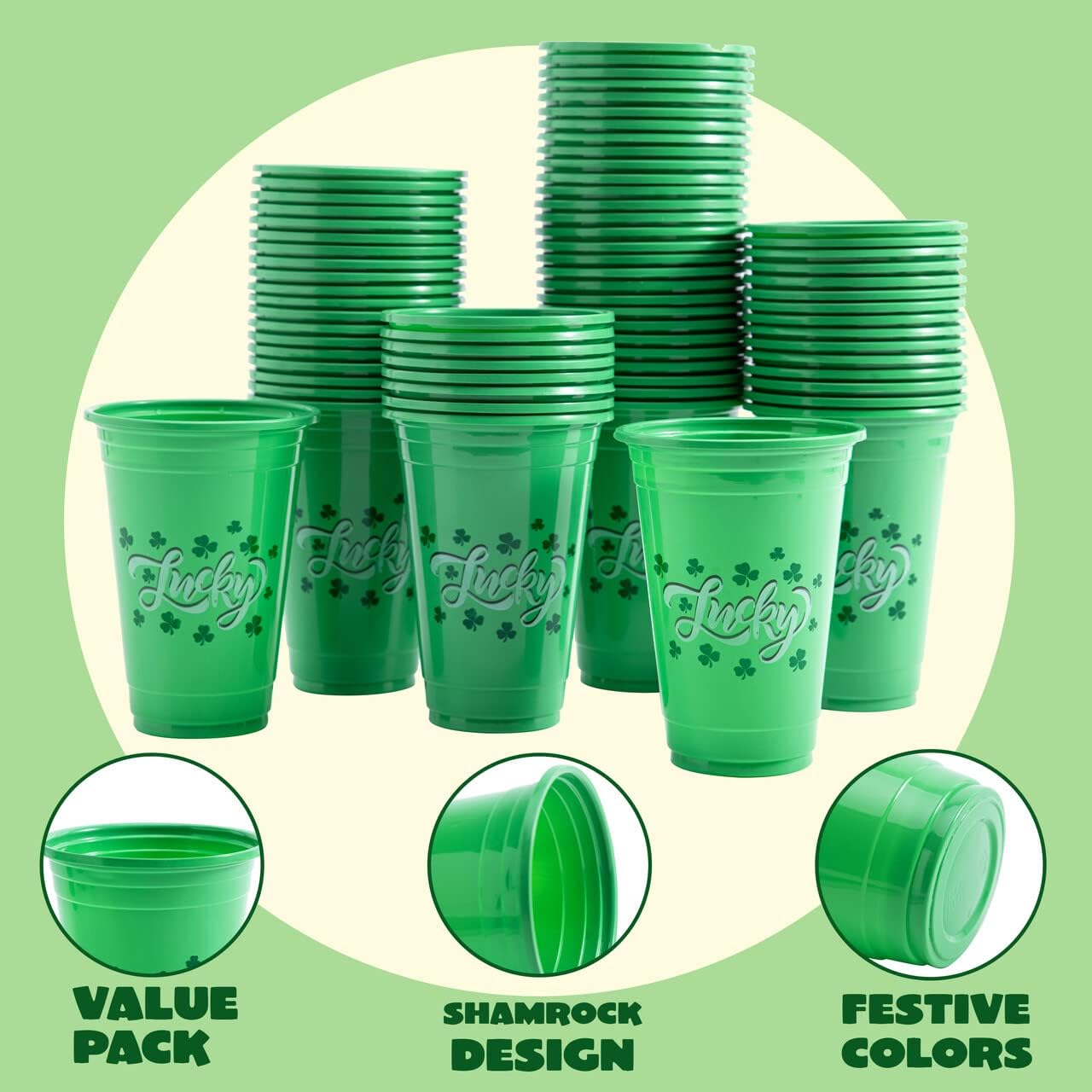 JOYIN 72 Pcs St.Patrick‘s Day 16 oz Cups, Green Disposable Plastic Lucky Clover Cups for Saint Patrick Party Supplies Set, Irish Lucky Day Party Decoration