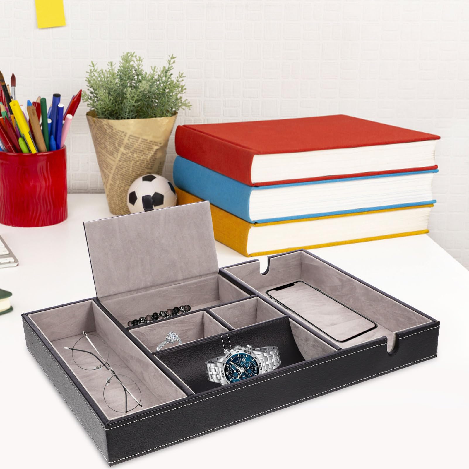 Caja de Almacenamiento de Cuero Pu Negra, Organizador Multifunción
