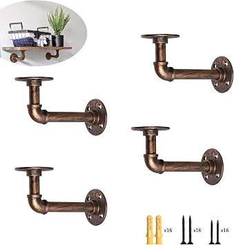 4PCS Industrial Pipe Shelf Bracket Copper Heavy Duty Wall Antique