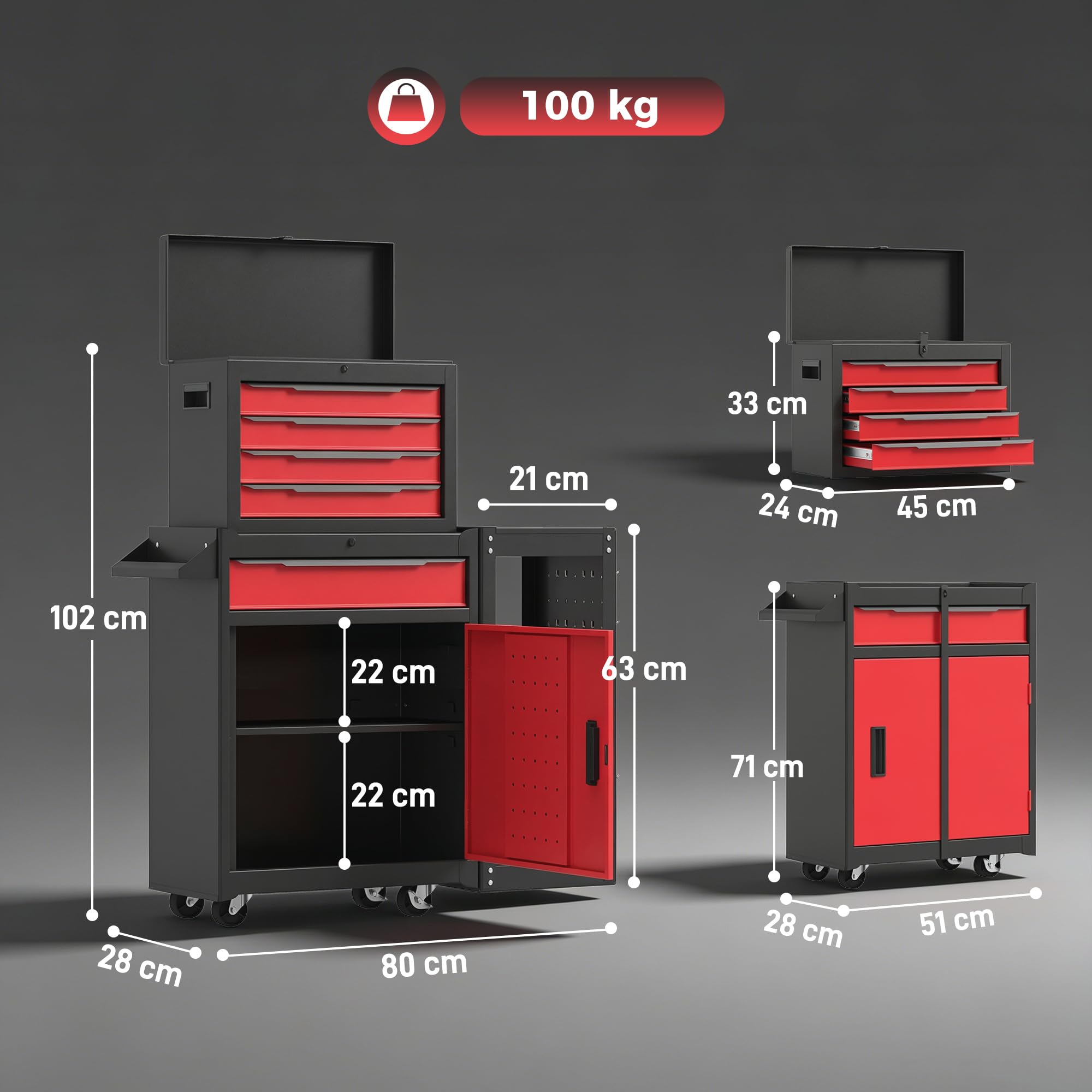 HOMCOM Carro de Herramientas con 5 Cajones 3 en 1 Cerradura Negro y Rojo | Caja de Taller Metálica, Soporte Lateral, Armario Inferior, Paneles Perforados, Asa, 2 Ruedas con Freno de Bloqueo