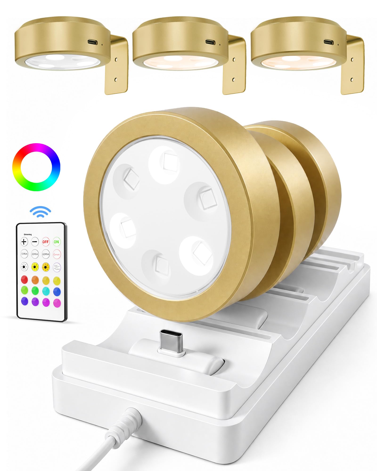 Photo 1 of EZVALO Picture Lights for Wall, Rechargeable Battery Magnetic Poster Lights with 3 Color Temps & 12 RGB, Remote Dimmable Timer Light, Wall Decor Light for Art Display (6 Pack with Charging Station)