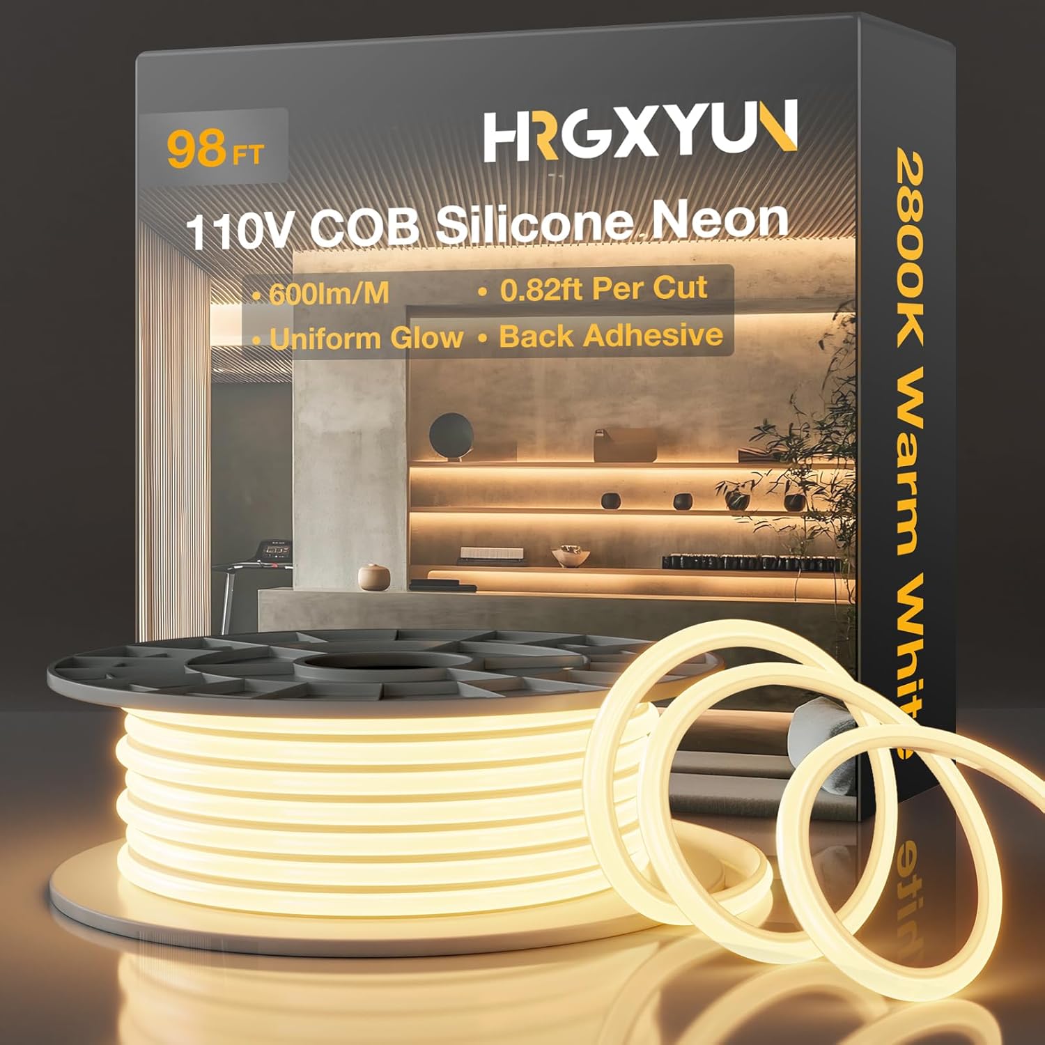 COB LED Neon Rope Light 110V - 30m/98ft Waterproof Silicone Rope Light with Adhesive Backing, Cuttable 2800K Warm White Neon Lighting for Cabinets, Home Office & DIY Projects