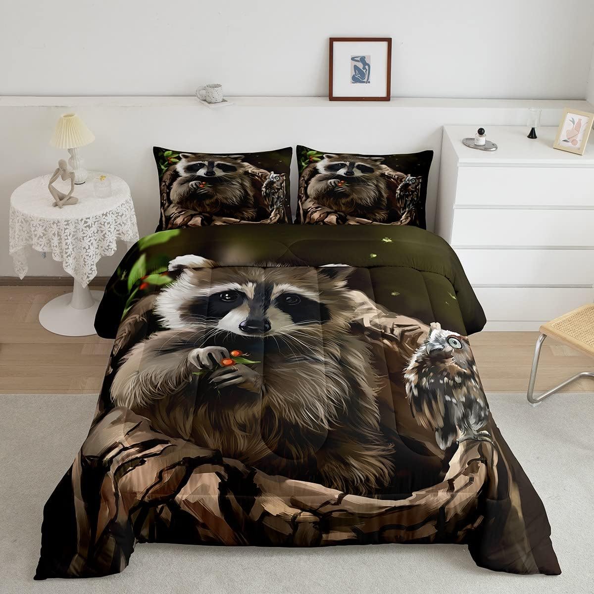 Cute Raccoon Comforter Set Soft Wild Owl Raccoon Bedding