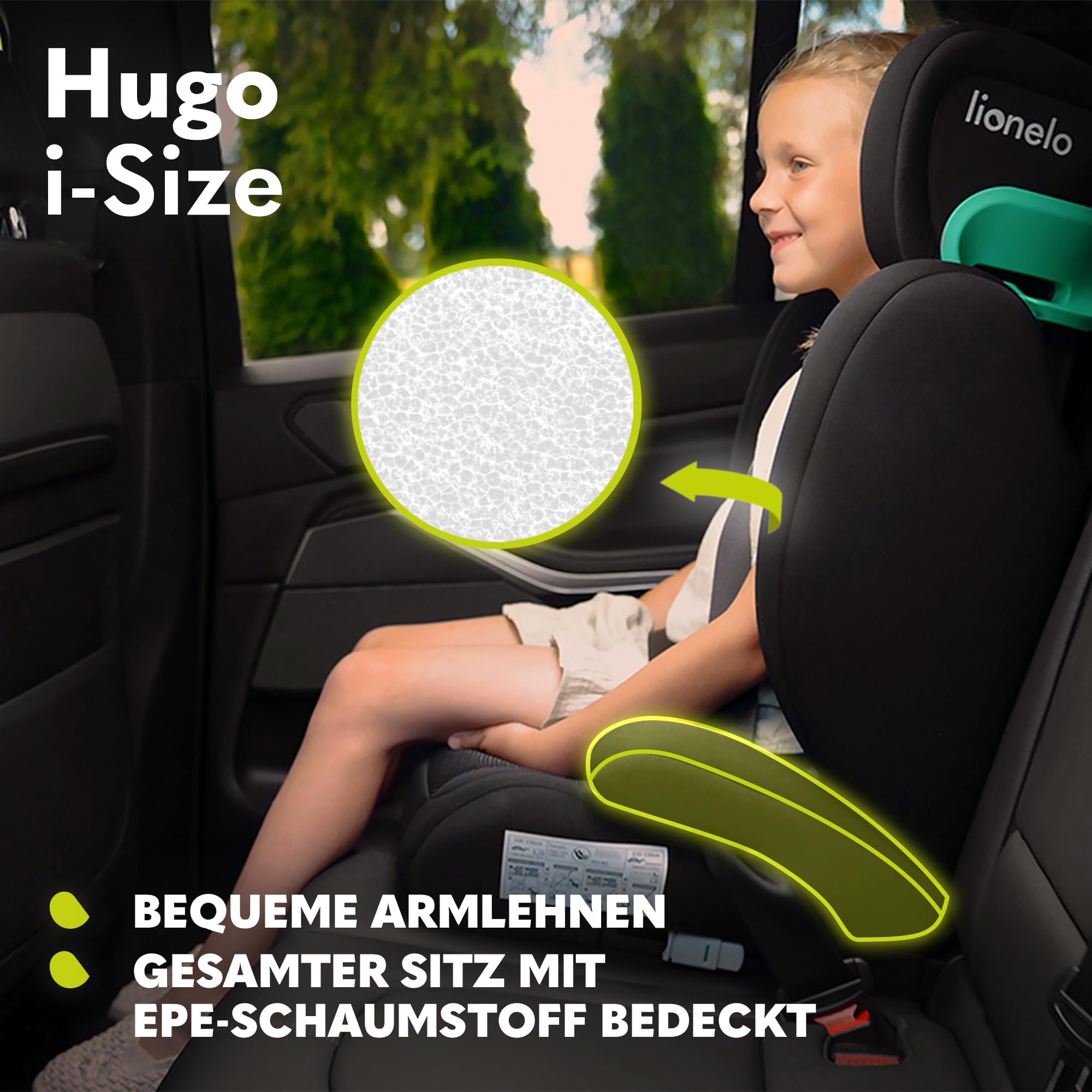 Lionelo Hugo i-Size Kinderautositz Gruppe 2/3, 100–150 cm, 3–12 Jahre, ISOFIX, Seitenaufprallschutz