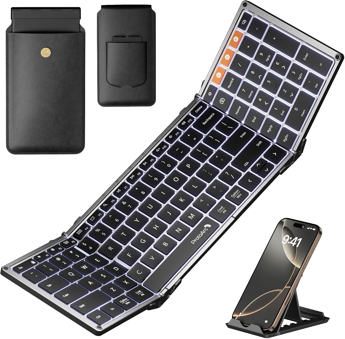 ProtoArc Backlit Foldable Keyboard, XK01 Plus Folding Portable Bluetooth Keyboard for Travel, True Full Size External Wireless Keyboards with Backlight for iPad Tablet Smartphone Laptop - Gray | 0.65 in Keycaps, Number Pad, 3-device Bluetooth 5.1 Switching, USB-C Charging, for Travel Business Night Workers