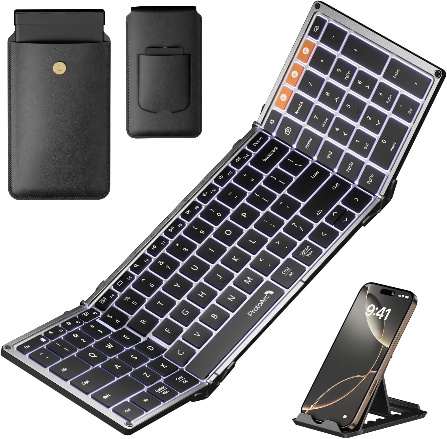 ProtoArc Backlit Foldable Keyboard, XK01 Plus Folding Portable Bluetooth Keyboard for Travel, True Full Size External Wireless Keyboards with Backlight for iPad Tablet Smartphone Laptop - Gray