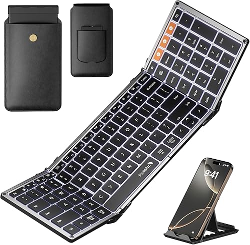 ProtoArc Backlit Foldable Keyboard, XK01 Plus Folding Portable Bluetooth Keyboard for Travel, True Full Size External Wireless Keyboards with Backlight for iPad Tablet Smartphone Laptop - Gray