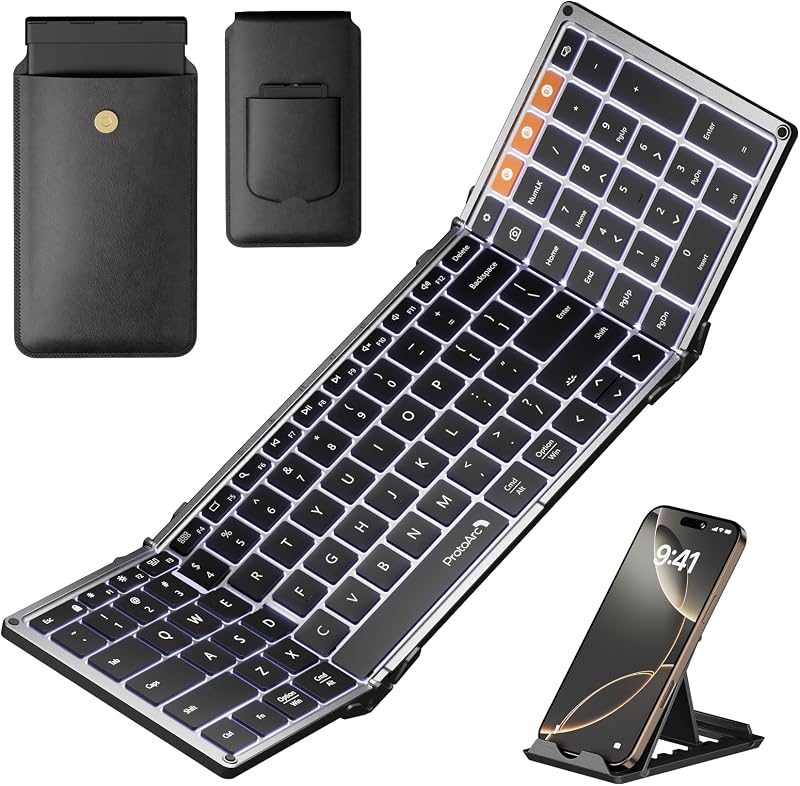 ProtoArc Backlit Foldable Keyboard, XK01 Plus Folding Portable Bluetooth Keyboard for Travel, True Full Size External Wireless Keyboards with Backlight for iPad Tablet Smartphone Laptop - Gray | 0.65 in Keycaps, Number Pad, 3-device Bluetooth 5.1 Switching, USB-C Charging, for Travel Business Night Workers