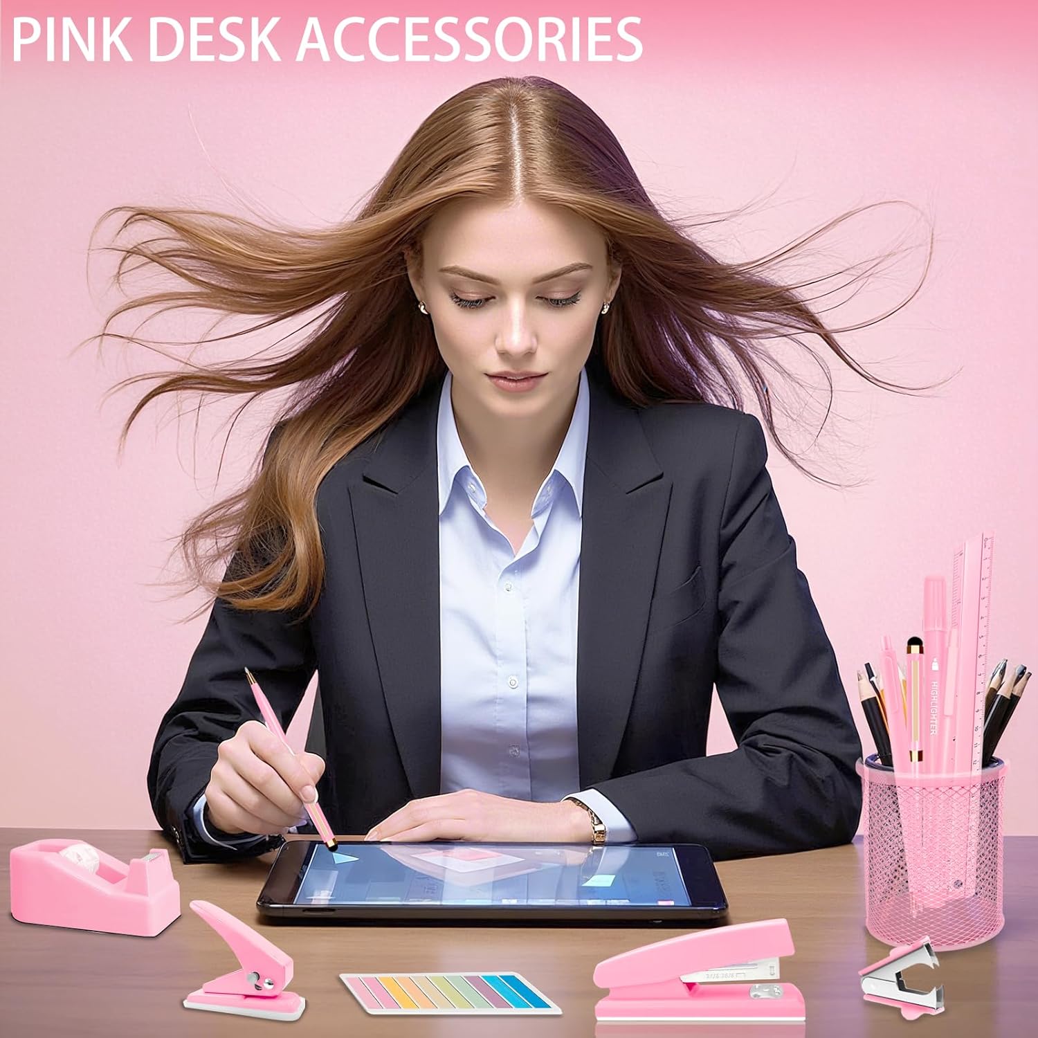 JIZHIYUAN Pink Desk Accessories Set - 16 Pcs Pink Office Supplies with Stapler, Tape Dispenser, Pen Holder, Staple Remover, Hole Punch, Practical Aesthetics Desk Sets for Office, Home, School Women