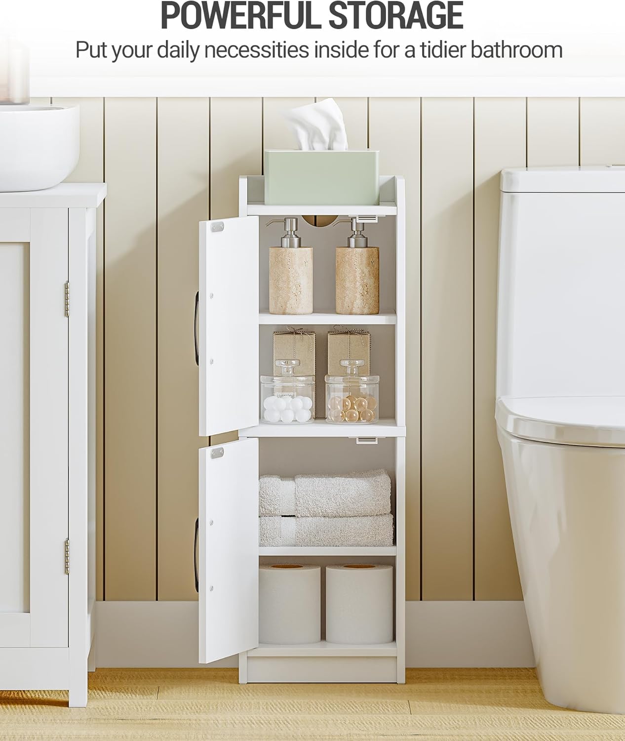 Hzuaneri Bathroom Storage Cabinet, Small Corner Floor Cabinet with Door and Shelves, Narrow Bathroom Organizer and Paper Storage with Adjustable Shelves, for Small Spaces, White BC27113X