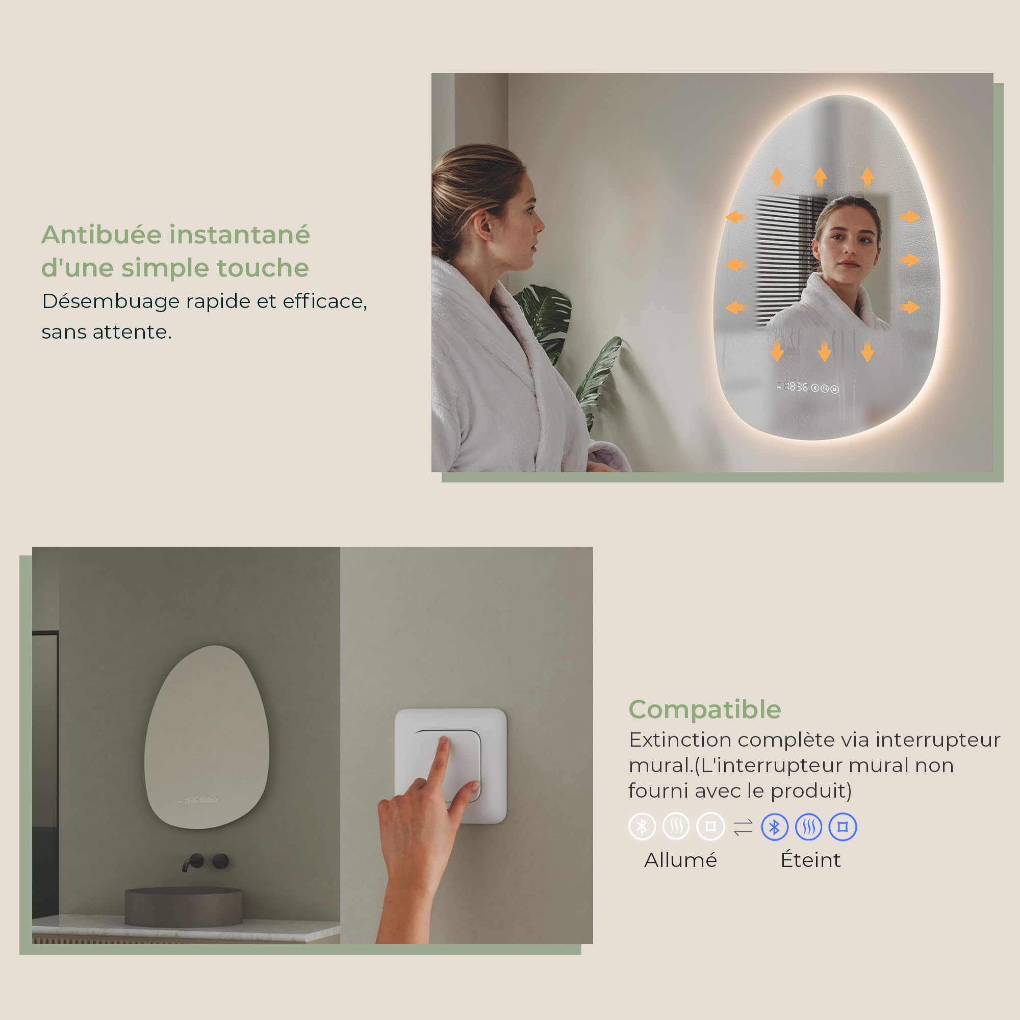 Miroir LED Salle De Bain Sans Cadre 45x70 Cm - 3 Couleurs De Lumière Réglables, Antibuée, IP44 - Installation Horizontale Ou Verticale