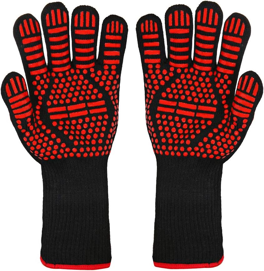 BBQ Gloves, 1472°F Extreme Heat/Fire Resistant Oven Gloves, Non-Slip Silicone Grilling Glove, Kitchen Oven Mitts for Cooking, Grill Potholder, Smoker Baking, Barbecue, Frying, Cutting, Welding, 1 Pair